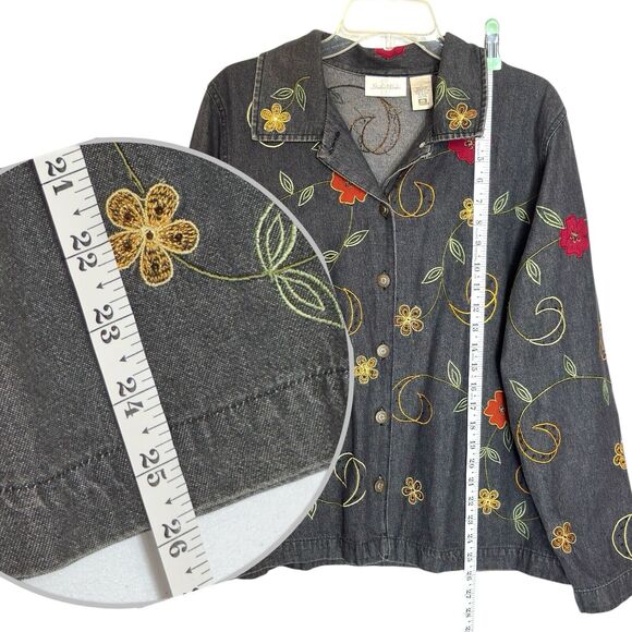Vintage Floral Embroidered Denim Jacket L Artsy Funky Festival Boho Whimsy Y2k - Picture 12 of 16